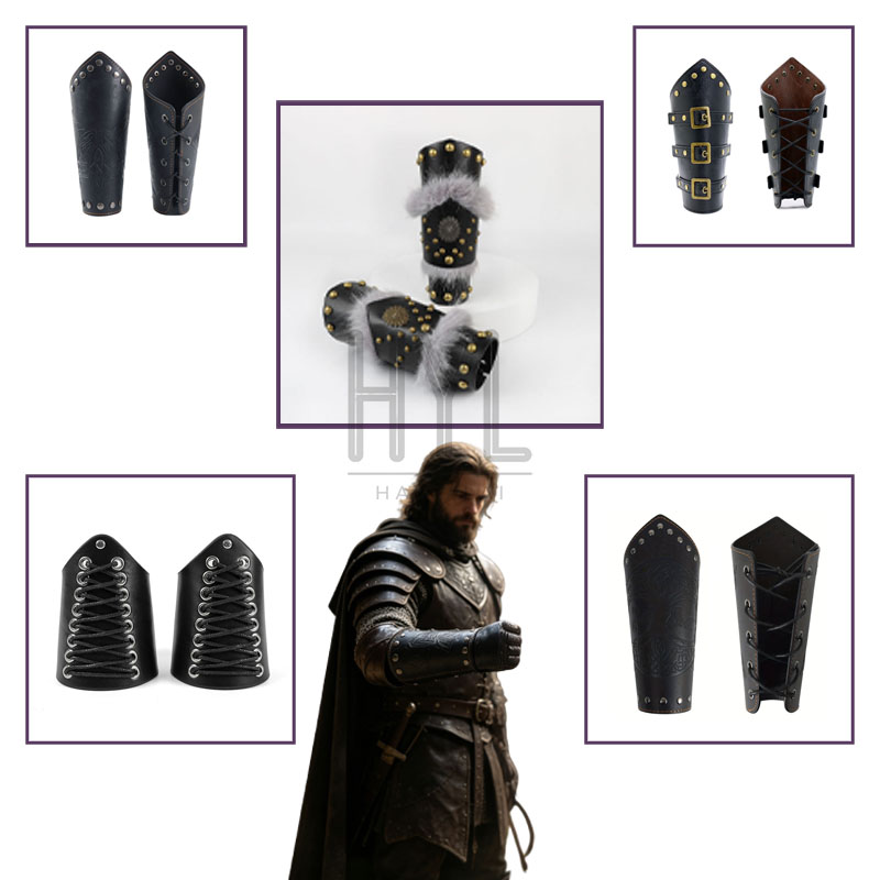 Costumes - Mittelalterliche Steampunk-Retro-Mehrschicht-PU-Leder-Handschuhe mit Nieten, Halloween-LARP-Cosplay-Handrüstung, Kostümzubehör,