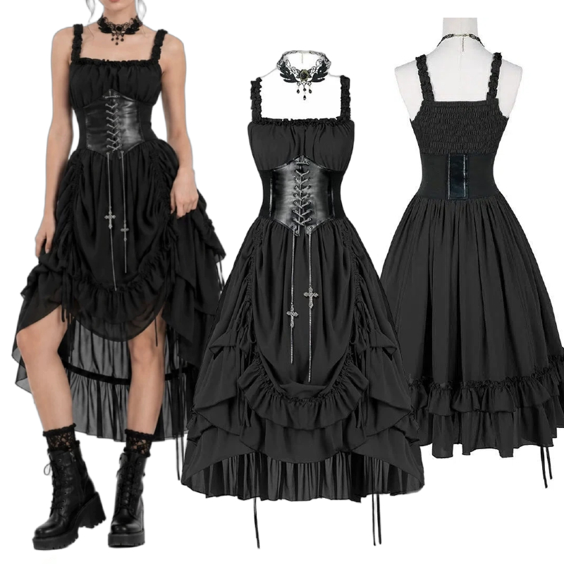 Medieval Renaissance Dress Women - Damen Gothic Kleid Korsett Slip Schwarz